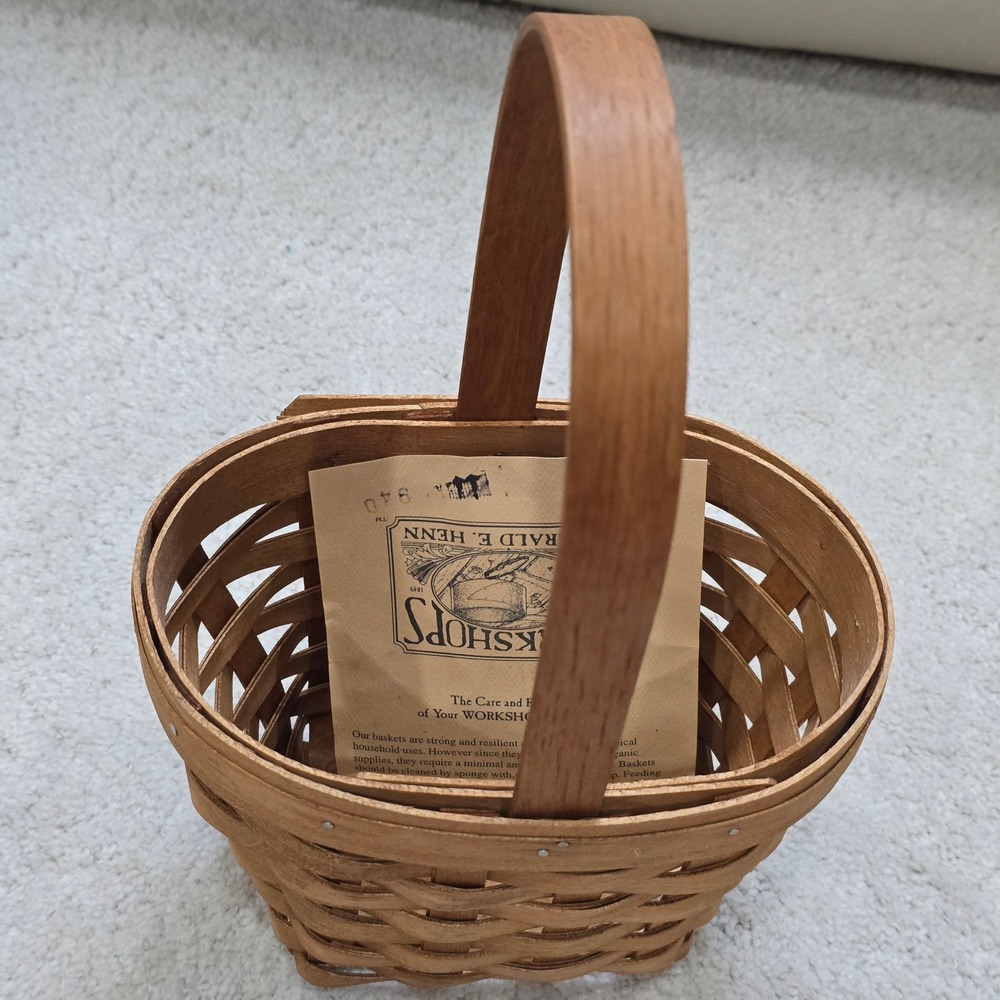 Vintage Workshops of Gerald E Henn Handwoven Wood Basket with Handle 1997‎ Small